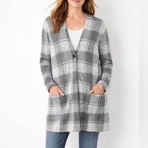 J Jill Cotton Blend Long Line Grey Plaid Tunic Cardigan Sweater Large